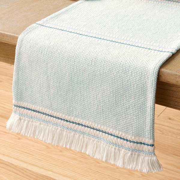Teal & Turquoise Woven Table Runner with White Fringe, 72x14