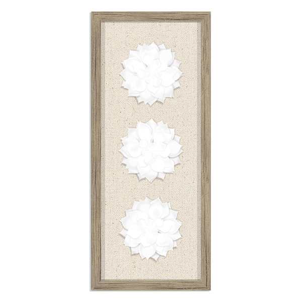 8x20 White 3D Succulents on Linen Framed Wall Art