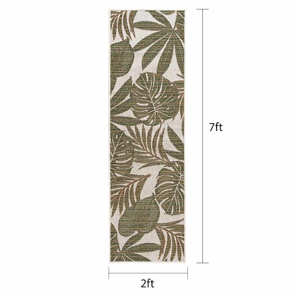 (E513) Found & Fable Santorini Cala Green Leaves Outdoor Runner, 2x7