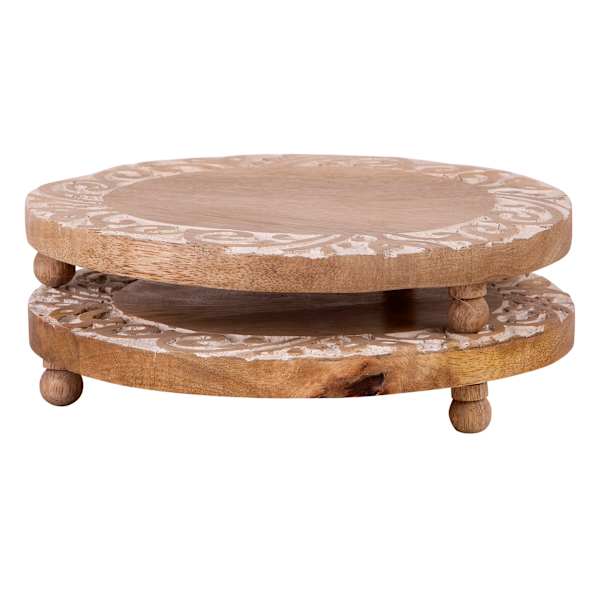 Set of 2 Round Whitewashed Carved Wood Trivet