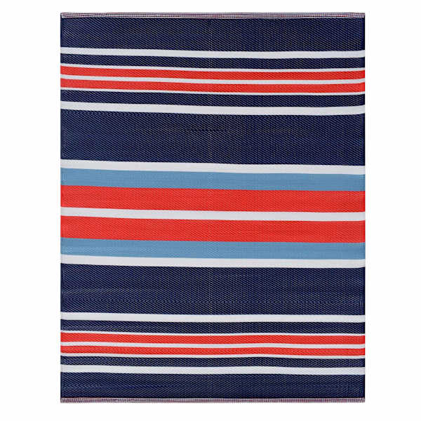 Dark Blue Striped Plastic Outdoor Rug, 5x7