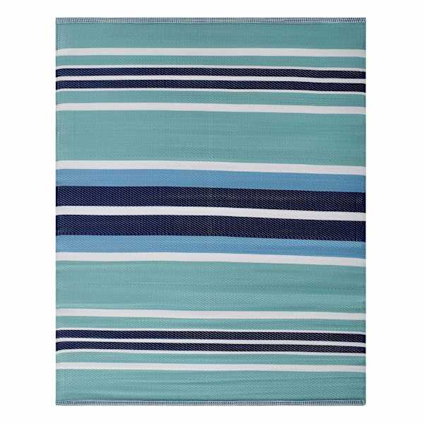 Light Blue Striped Plastic Outdoor Rug, 5x7