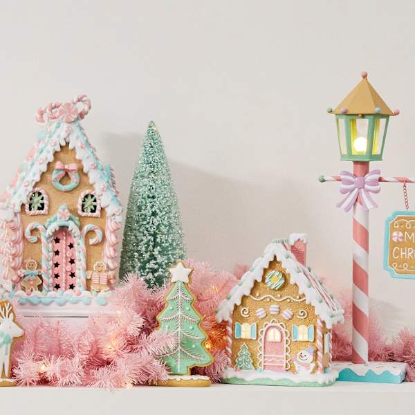 Mrs. Claus Bakery Pink Door LED Pastel Gingerbread House 9.8in