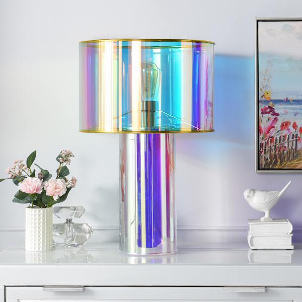 Iridescent Glass Medium Table Lamp with Iridescent Shade, 22"