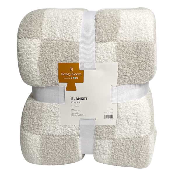 Honeybloom Light Grey Checkered Cozy Knit Bed Blanket, Full/Queen