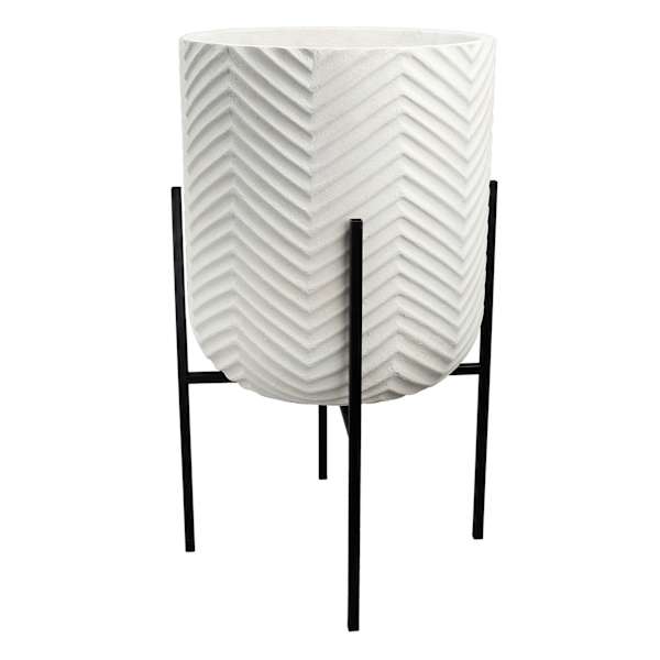 White Planter with Metal Stand, Medium