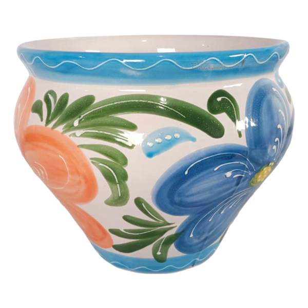 Hand Painted Spanish Light Blue Floral Outdoor Planter, Medium