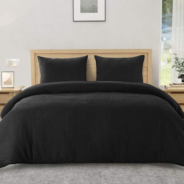 Crosby St. 3-Piece Black Waffle Cotton Duvet Set, Full/Queen