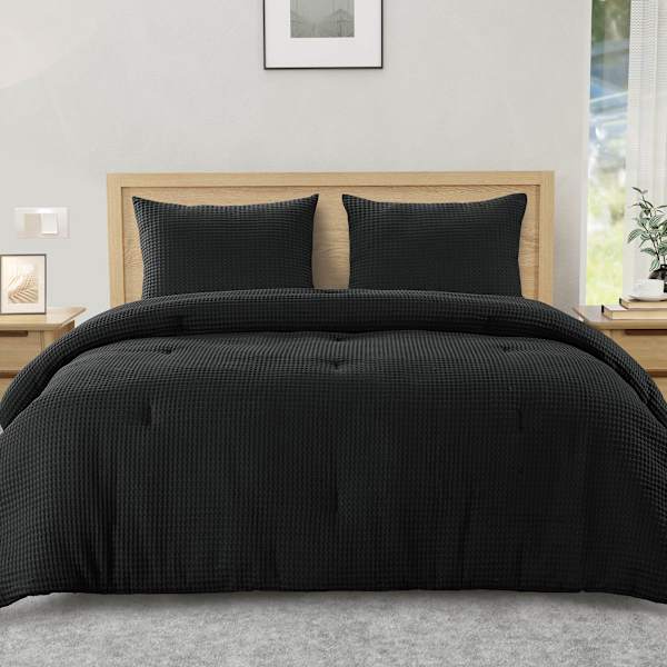 Crosby St. 3-Piece Black Waffle Cotton Comforter Set, Full/Queen