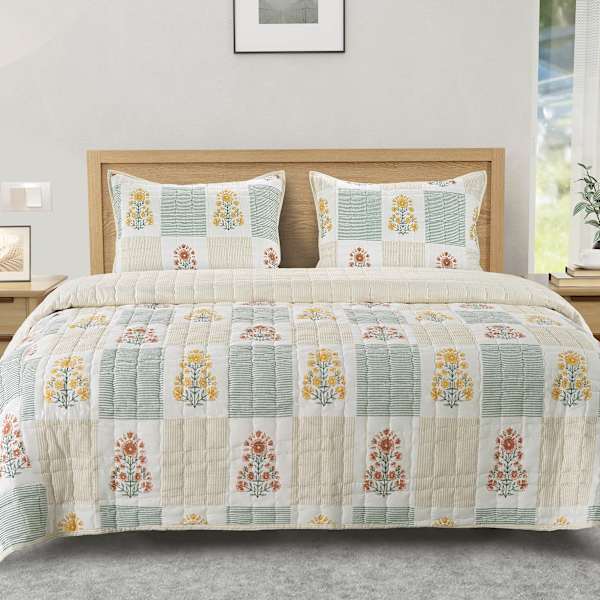 Honeybloom 3-Piece Floral Block Print Gauze Quilt Set, Full/Queen
