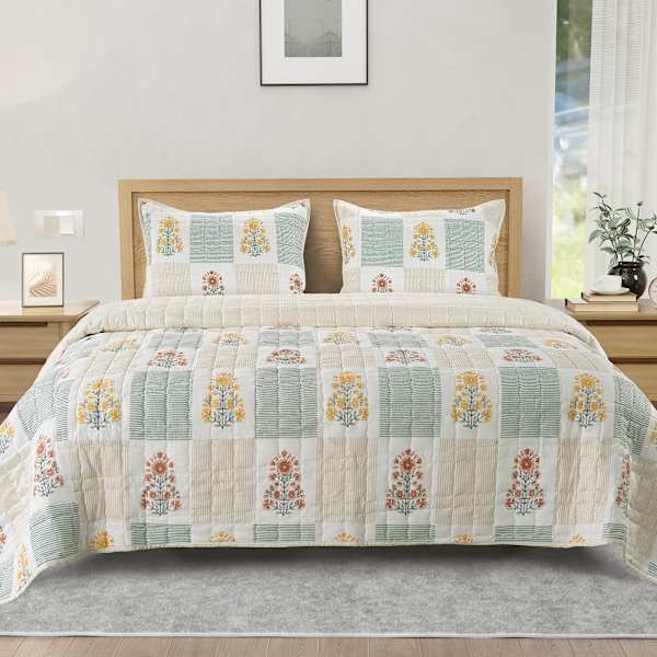 Honeybloom 3-Piece Floral Block Print Gauze Quilt Set, King