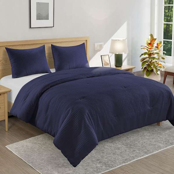 Crosby St. 3-Piece Navy Blue Washed Cotton Waffle Comforter Set, King