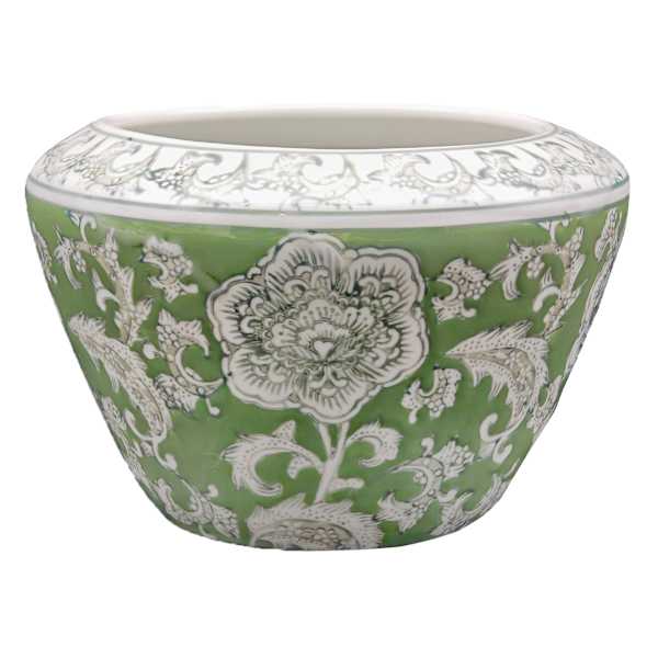 Green Chinoiserie Porcelain Wide Mouth Vase, 8x5