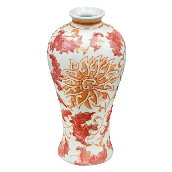 Coral Chinoiserie Porcelain Vase, 8"