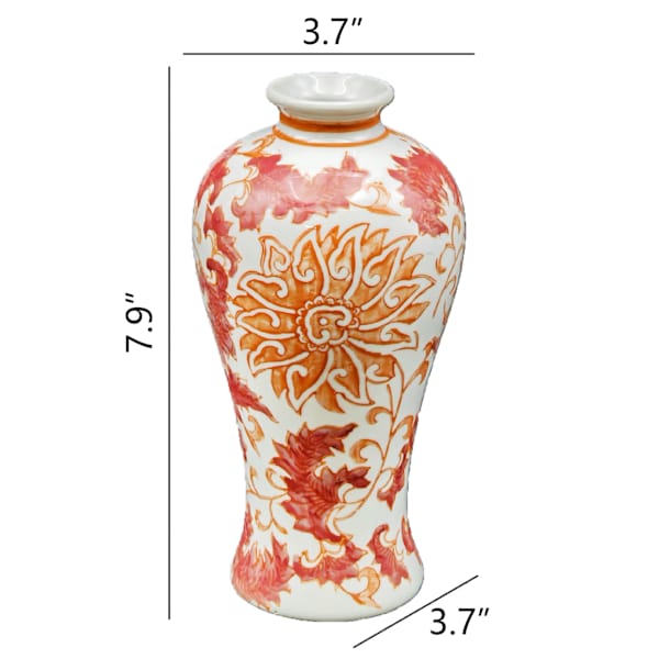 Coral Chinoiserie Porcelain Vase, 8"
