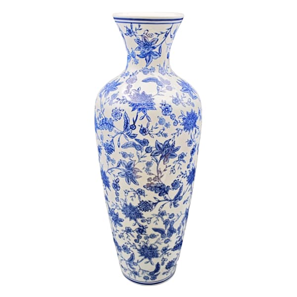 White & Blue Chinoiserie Porcelain Vase, 28"