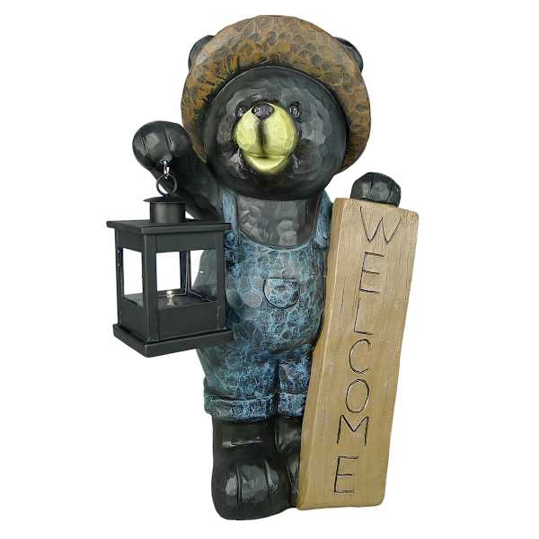 Welcome Bear Outdoor Statue with Solar Lantern, 17.5"
