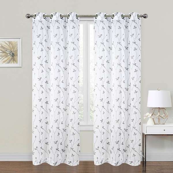 2-Pack White & Grey Embroidered Leaf Grommet Curtain Panels, 95"