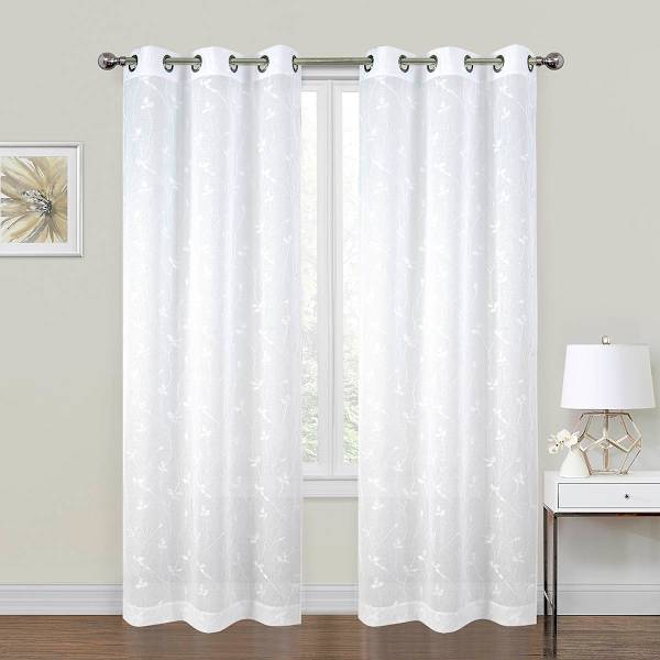 2-Pack White Embroidered Leaf Grommet Curtain Panels, 95"