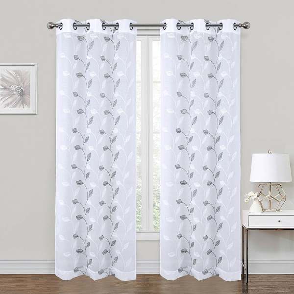 White & Grey Willow Embroidered Sheer Grommet Single Curtain Panel, 84"