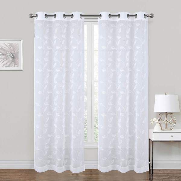 White Willow Embroidered Sheer Grommet Single Curtain Panel, 84"
