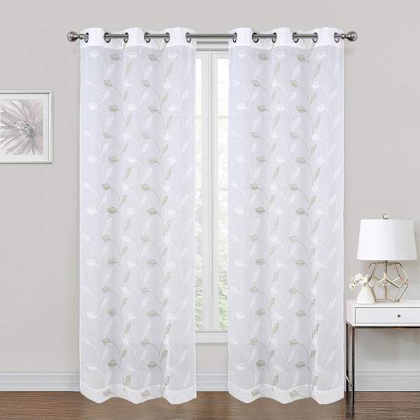 White & Green Embroidered Sheer Grommet Curtain Panel, 84"
