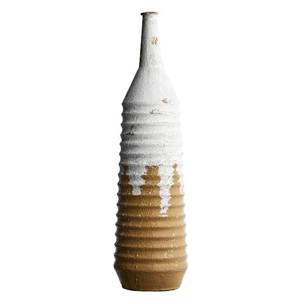 White & Tan Ribbed Metal Vase, 16"