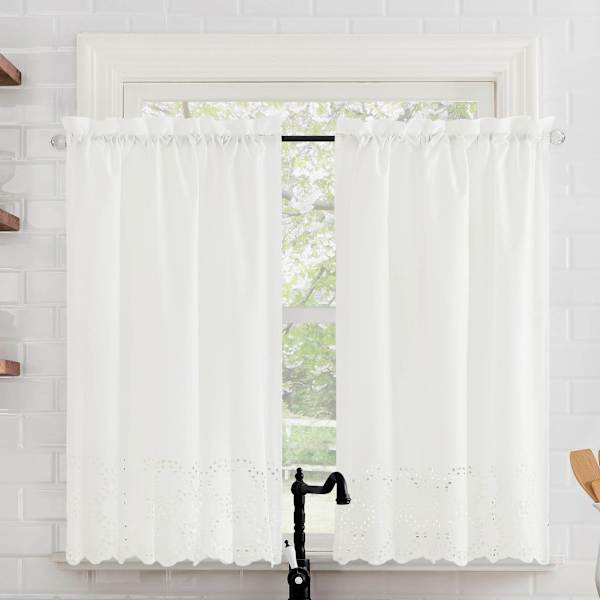 Hilda White Small Tiered Window Curtian Panel, 54x36