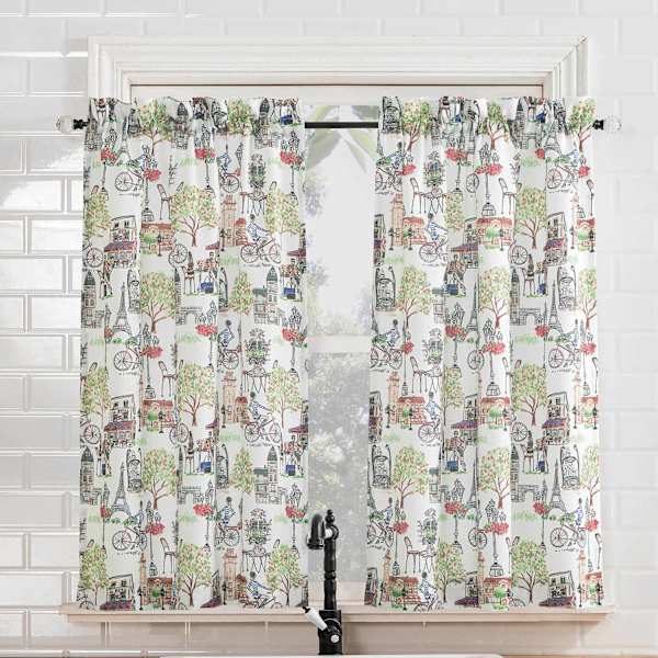 Bonjour White Floral Small Tiered Window Curtain, 54x36