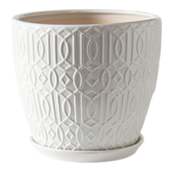 Embossed White Outdoor Ceramic Planter with Saucer, Large