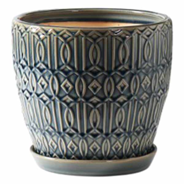 Embossed Blue Outdoor Ceramic Planter with Saucer, Small