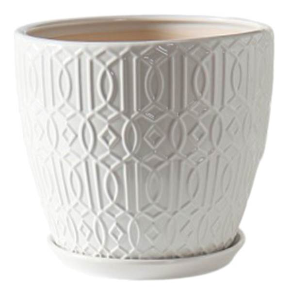 Embossed White Outdoor Ceramic Planter with Saucer, Medium