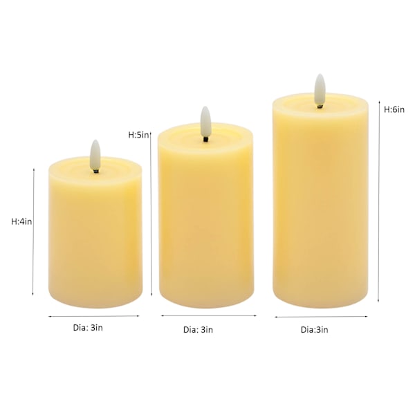3-Pack Yellow LED Pillar Candles, 3x4/3x5/3x6