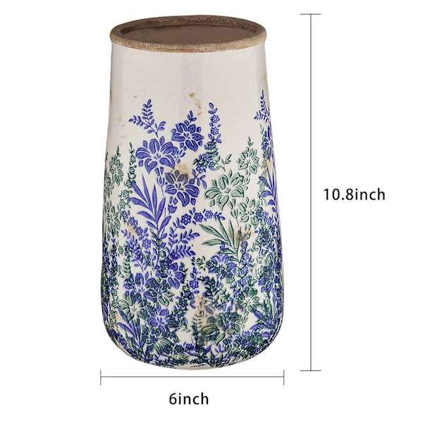 Blue Floral Ceramic Vase, 10.8"