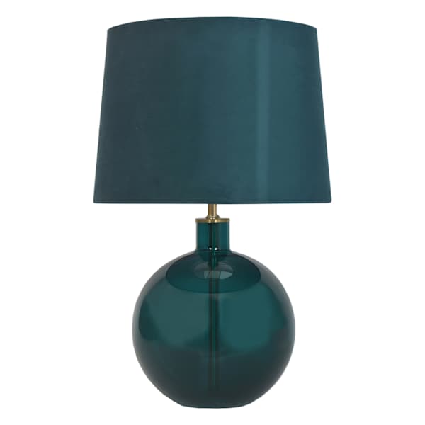 Green Glass Round Lamp with Velvet Shade, 21.5"
