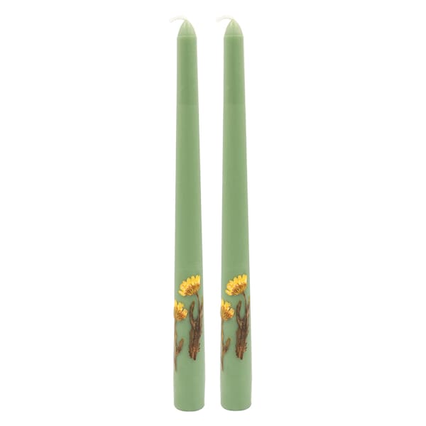2-Pack Yellow Dried Flower Embedded Green Taper Candles, 10"