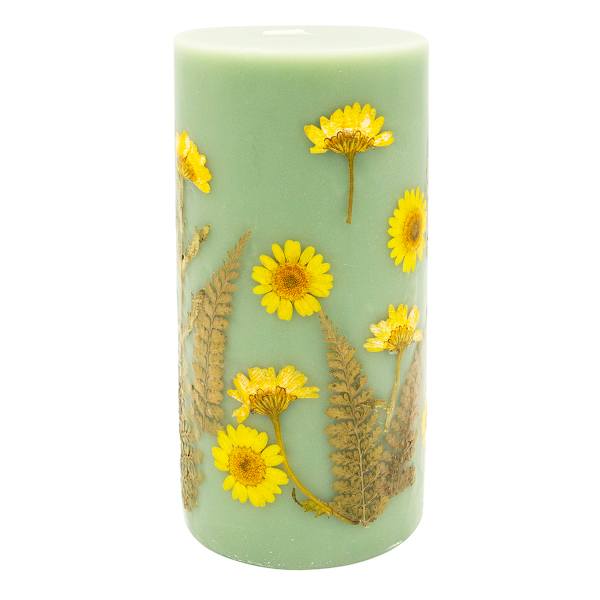 Yellow Dried Flower Embedded Green Unscented Pillar Candle, 3x6