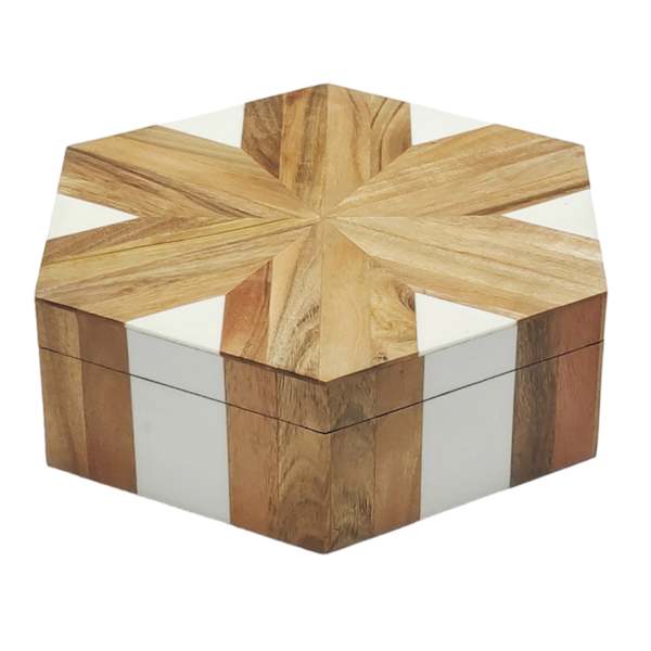 Natural Wood & White Resin Inlay Hexagon Decorative Box, 12"