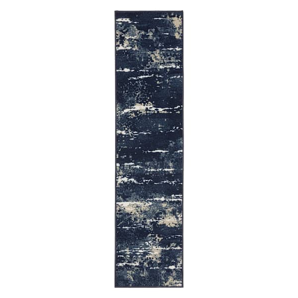 (D627) Andover Navy Blue Abstract Runner, 2x7