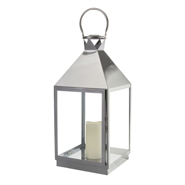 Chrome Lantern with LED Candle, 21"
