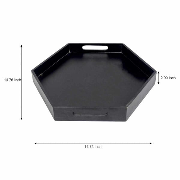 Large Black Hexagon Acacia Wood Tray, 17"