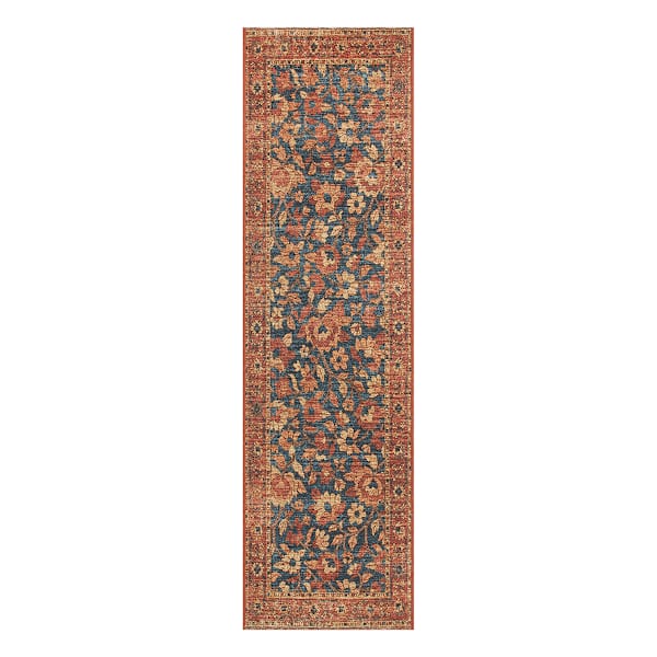 Rust & Navy Blue Print Traditional Border Washable Runner, 2x7