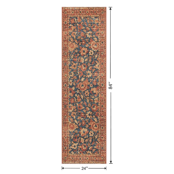Rust & Navy Blue Print Traditional Border Washable Runner, 2x7