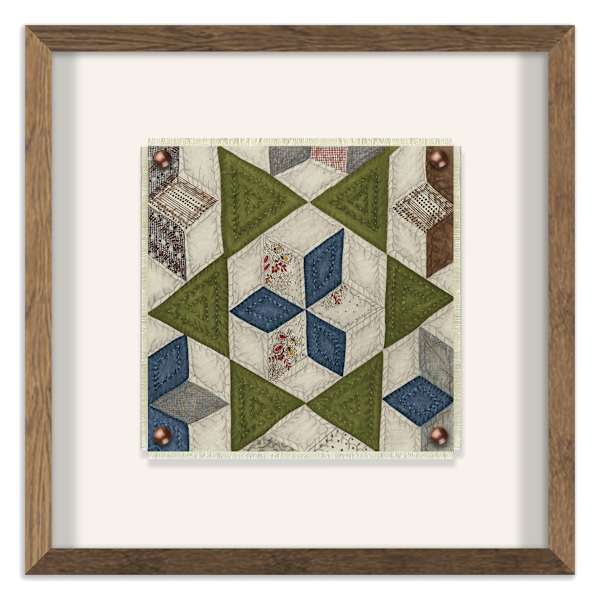 Honeybloom Glass Framed Quilted Print on Frayed Linen, 12"