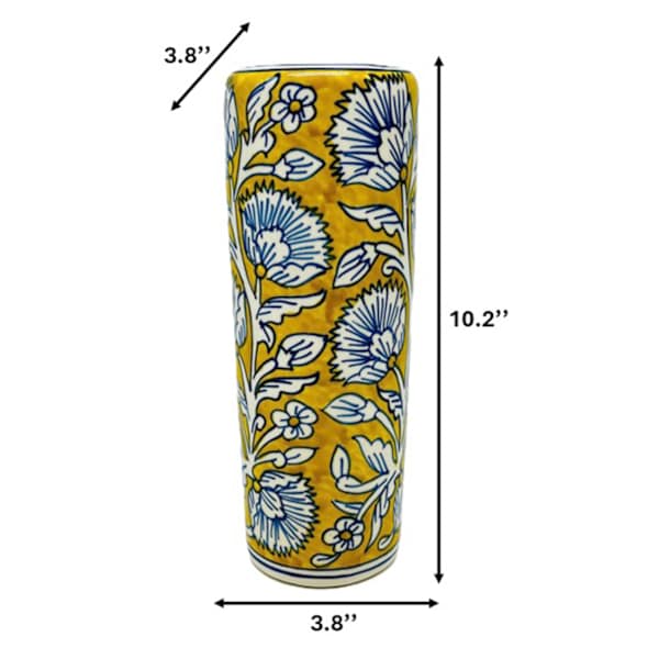 Yellow and Blue Handpainted Floral Ceramic Cylinder Vase, 10"