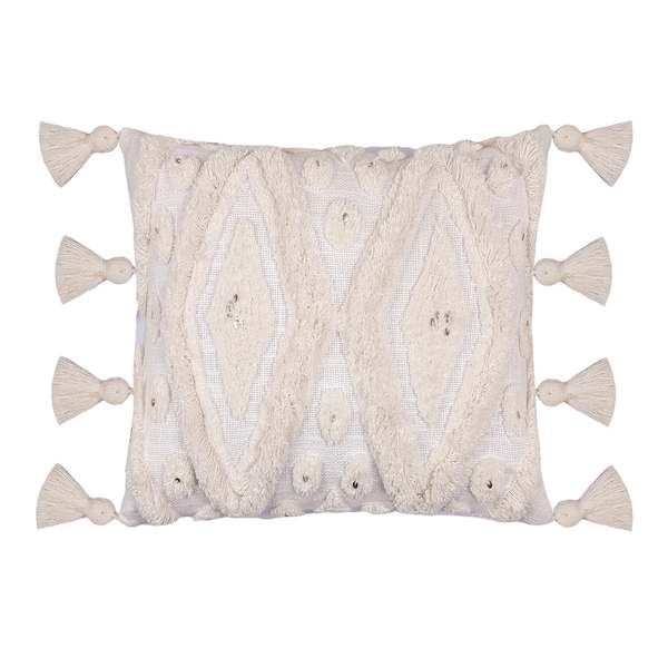 Found & Fable White Tufted Embroidered Throw Pillow with Tassels, 14x20