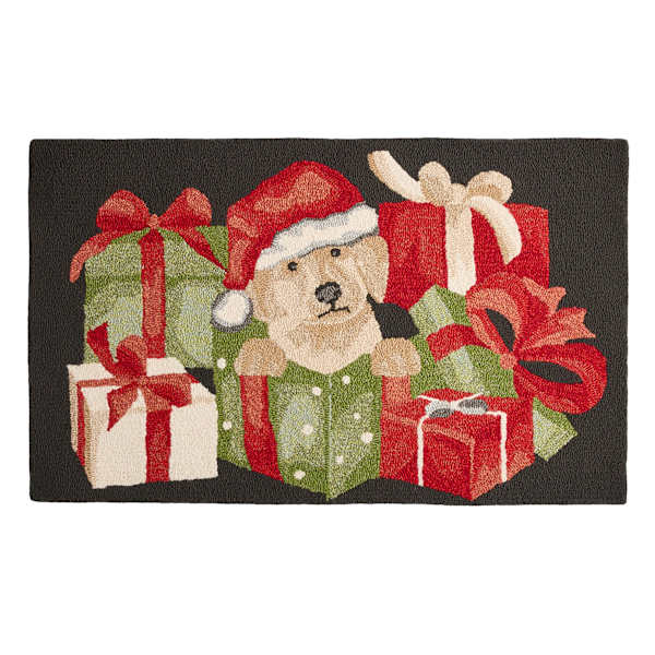 Classic Christmas Dog in Present Hooked Accent Rug, 27x45