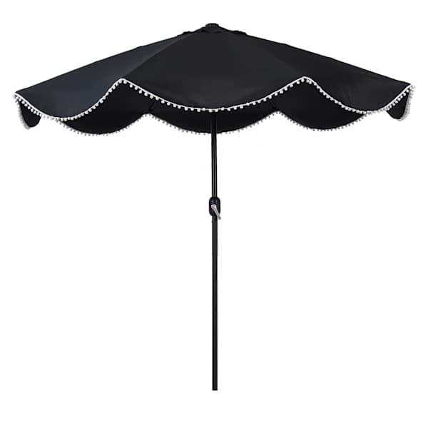 Black Crank & Tilt Round Patio Umbrella with Pom-Pom Fringe, 9'