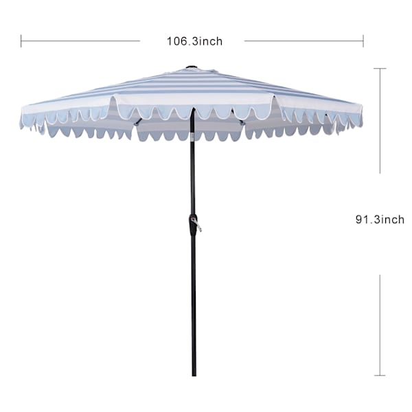 Chambray & White Cabana Stripe Scallop Crank & Tilt Round Patio Umbrella, 9'