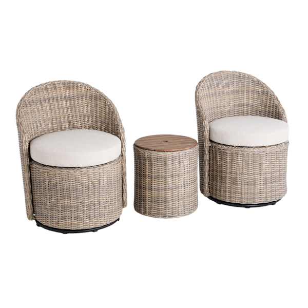 Honeybloom Monterey 3-Piece Pumice Wicker Finish with Light Grey Cushions Swivel Patio Chat Set